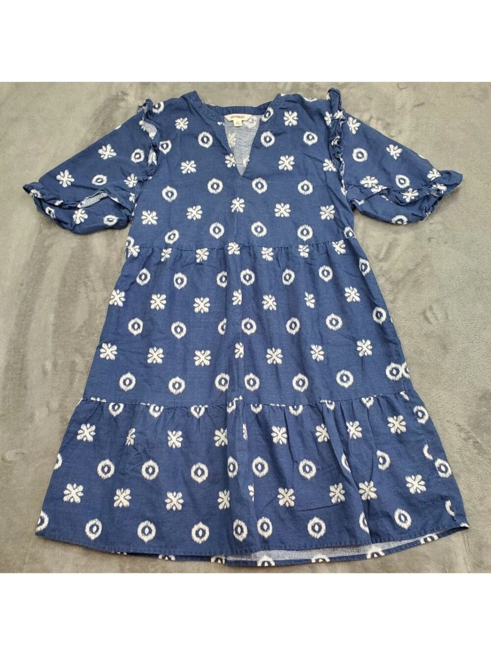 Womens Dress Size M Mini Linen Blend Ruffle Blue White Print Beach Resort Party